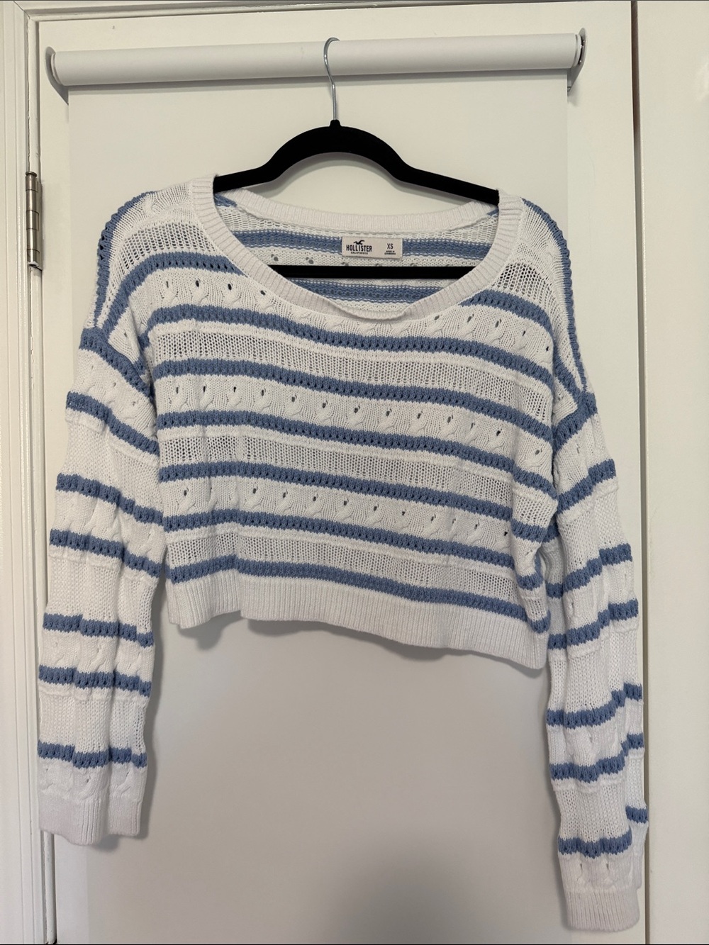 Crochet Stripe Crop Sweater - White & Light Blue